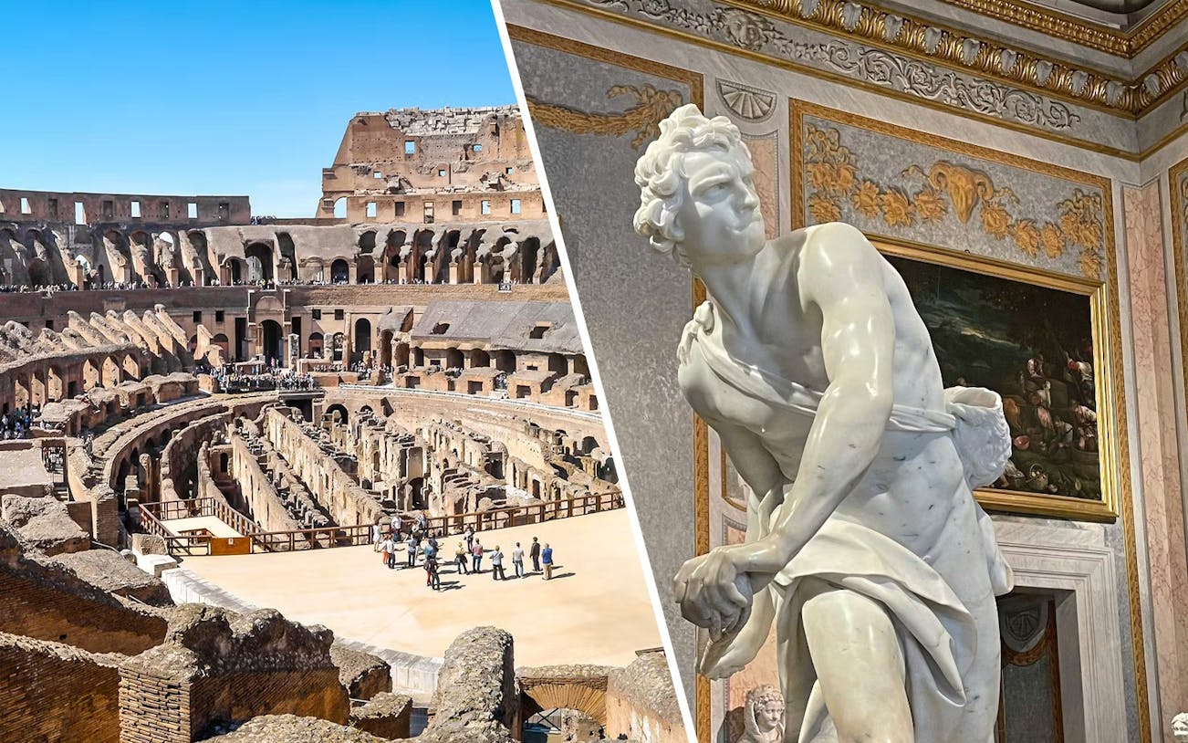 Colosseum interior and Borghese Gallery sculpture in Rome.