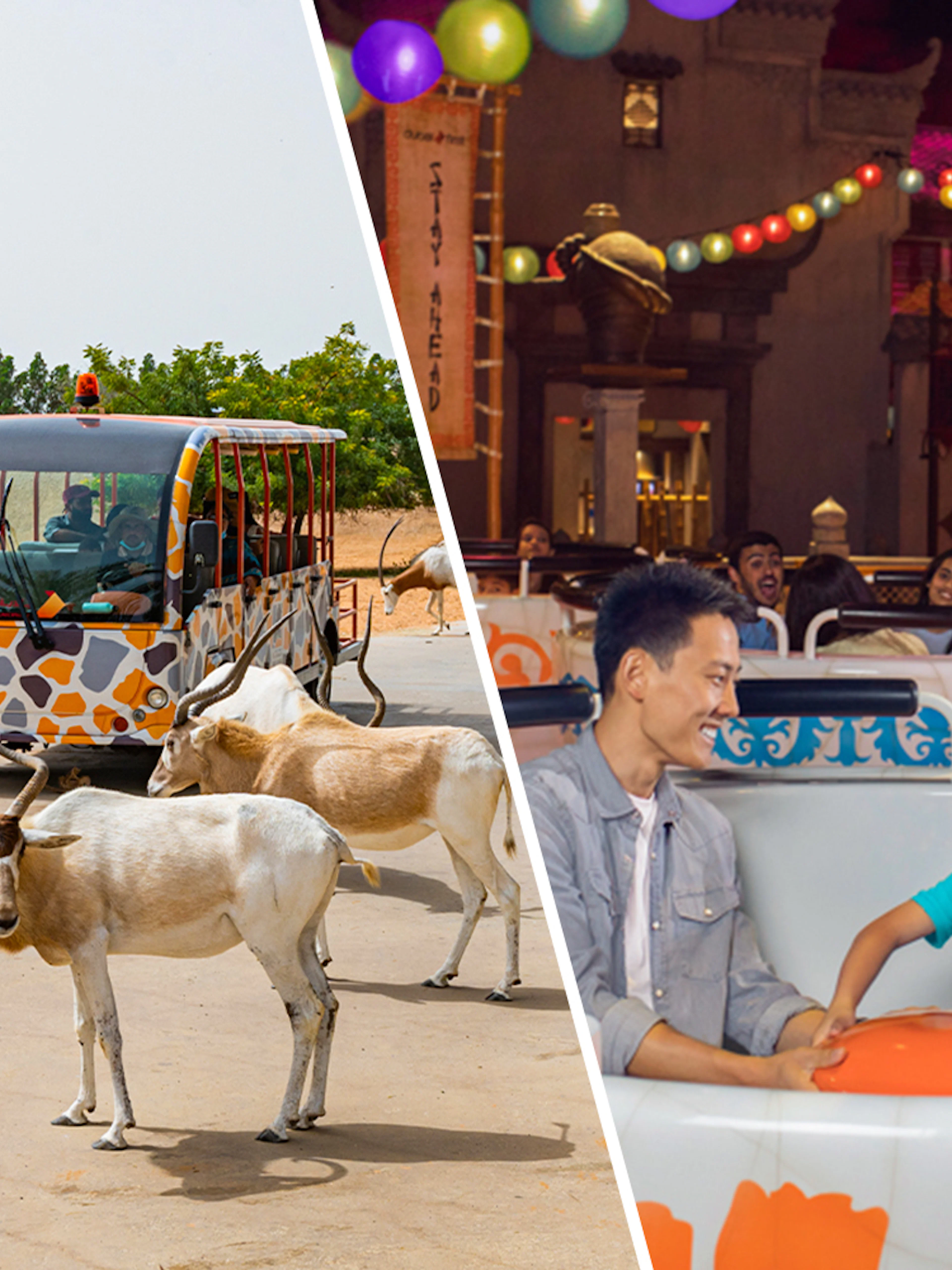 Dubai Safari Park wildlife tour bus and family enjoying ride at MOTIONGATE Dubai.