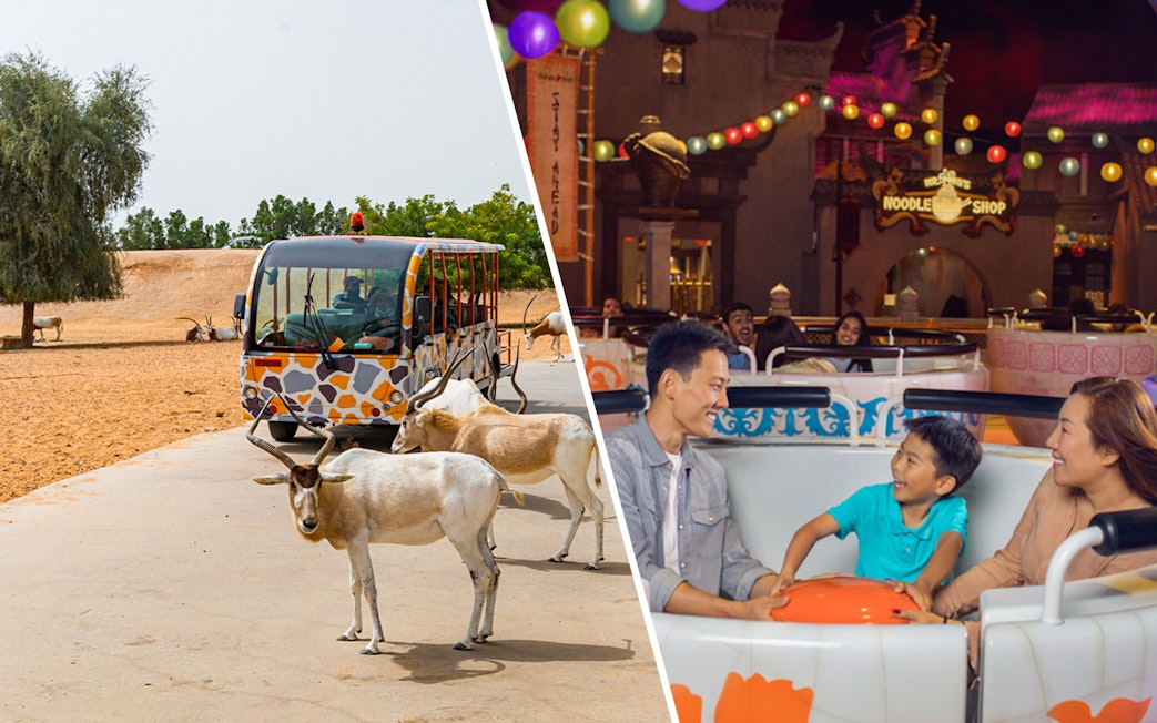 Dubai Safari Park wildlife tour bus and family enjoying ride at MOTIONGATE Dubai.