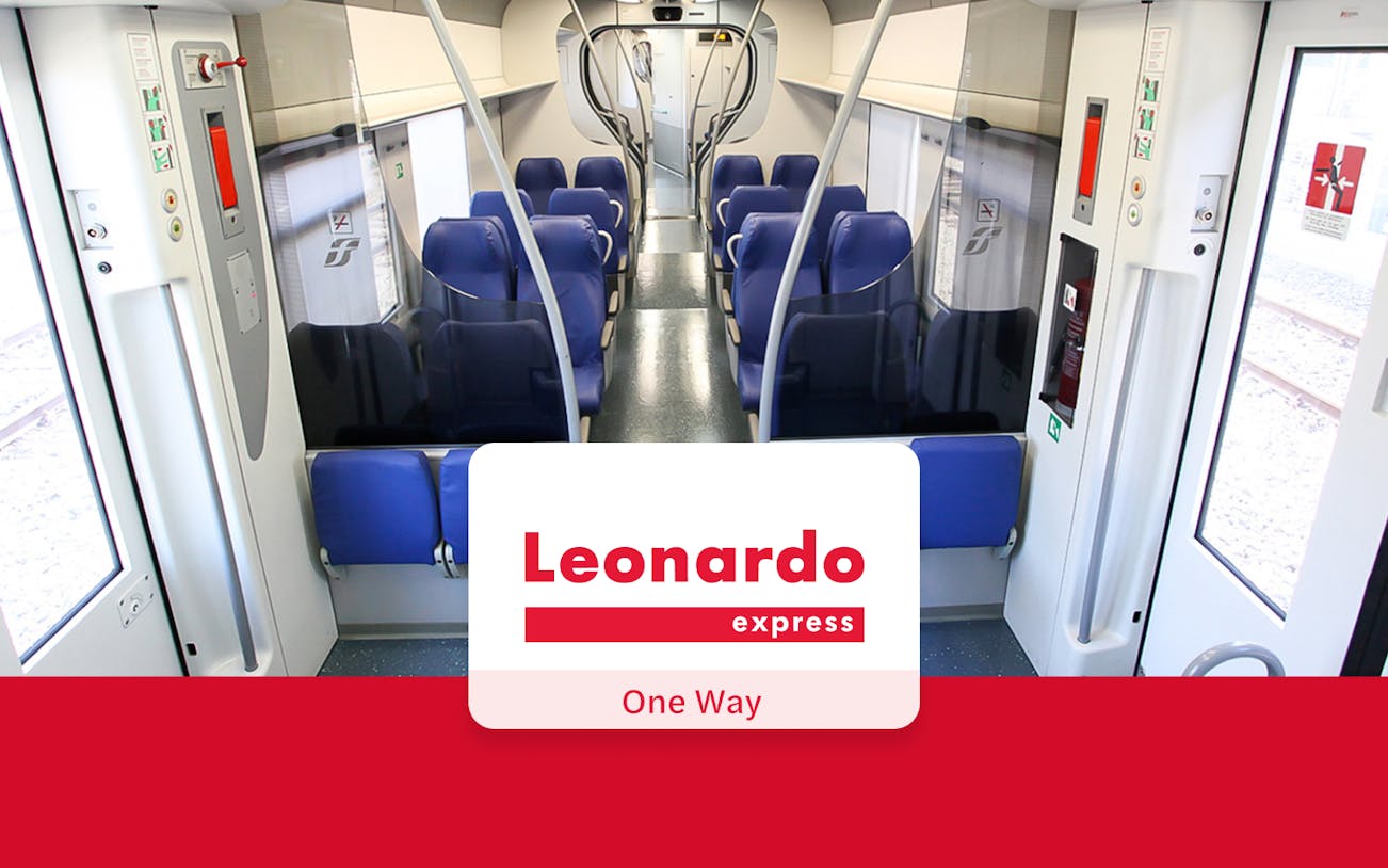 Leonardo Express train at Fiumicino Airport platform for transfer to Rome Termini Station.