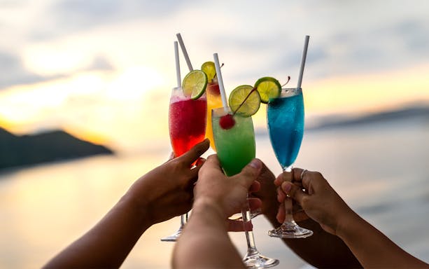 Guests toasting with colorful cocktails on a yacht during a Southern Islands speedboat tour.