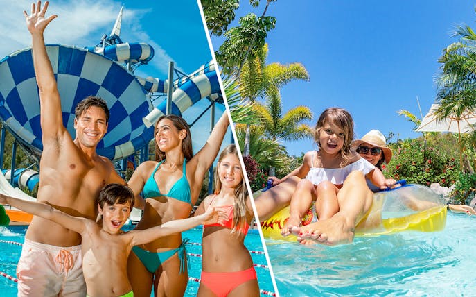 Families enjoying water rides at Aqualand Costa Adeje and Siam Park, Tenerife.