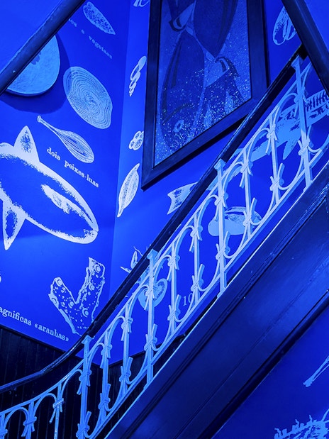 Staircase with marine life illustrations at Vasco da Gama Aquarium, Lisbon.