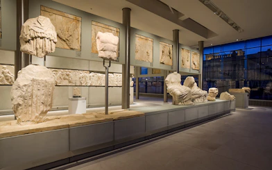 Lion sculpture from the Parthenon pediment displayed in the Acropolis Museum, Athens.