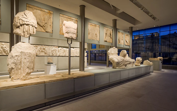 Lion sculpture from the Parthenon pediment displayed in the Acropolis Museum, Athens.