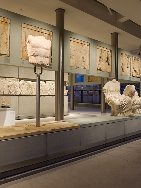 Lion sculpture from the Parthenon pediment displayed in the Acropolis Museum, Athens.