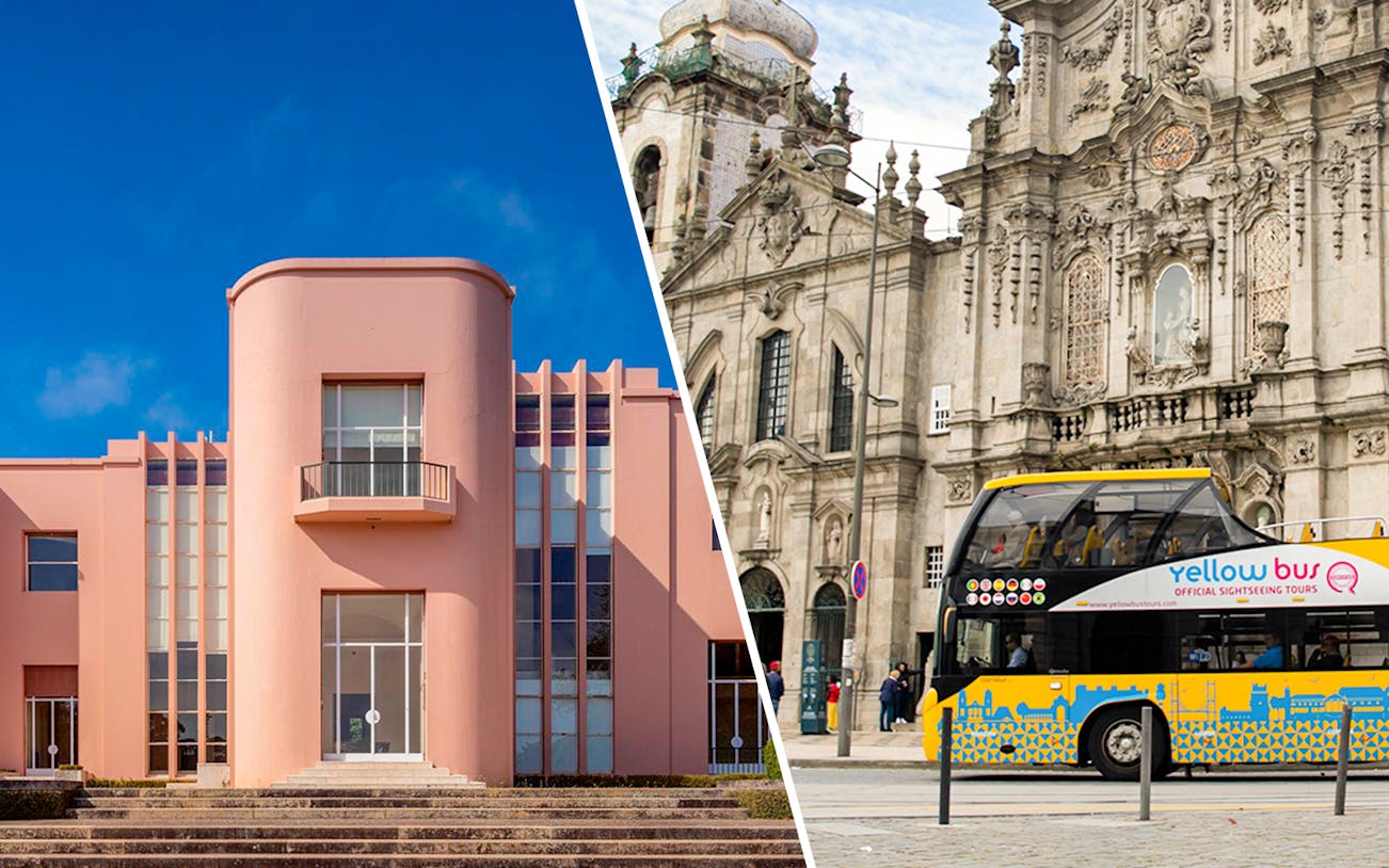 Serralves Foundation building and hop-on hop-off tour bus in Porto, Portugal.