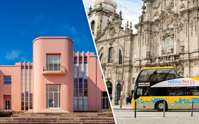 Serralves Foundation building and hop-on hop-off tour bus in Porto, Portugal.