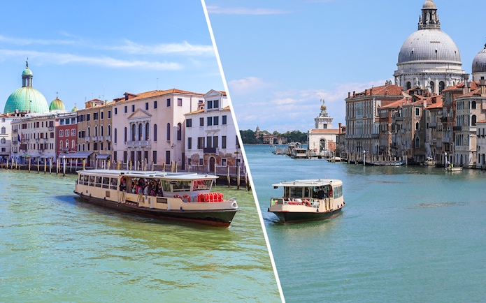 Alilaguna and Vaporetto ACTV water buses navigating Venice canals with historic buildings.
