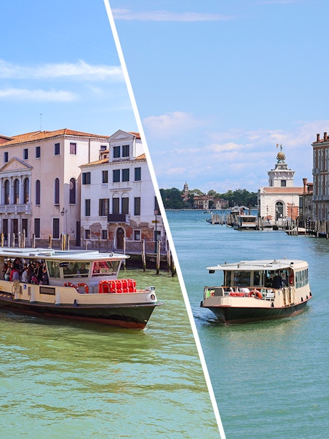 Alilaguna and Vaporetto ACTV water buses navigating Venice canals with historic buildings.