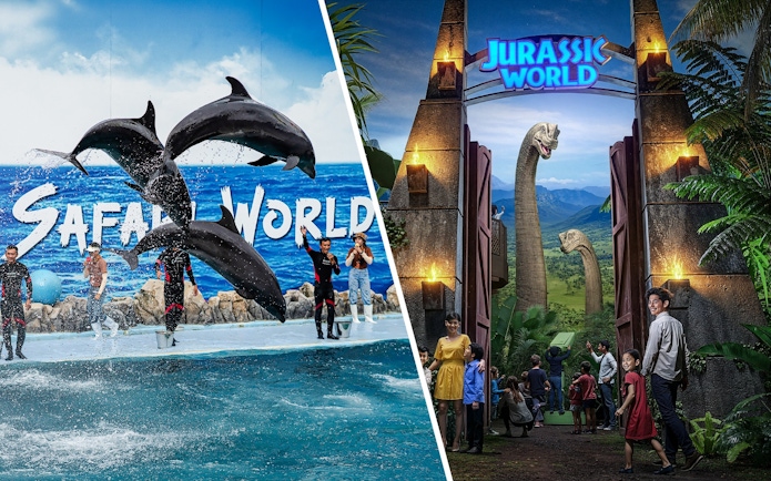 Dolphins performing with trainers at Marine Park; visitors entering Jurassic World through jungle gate.