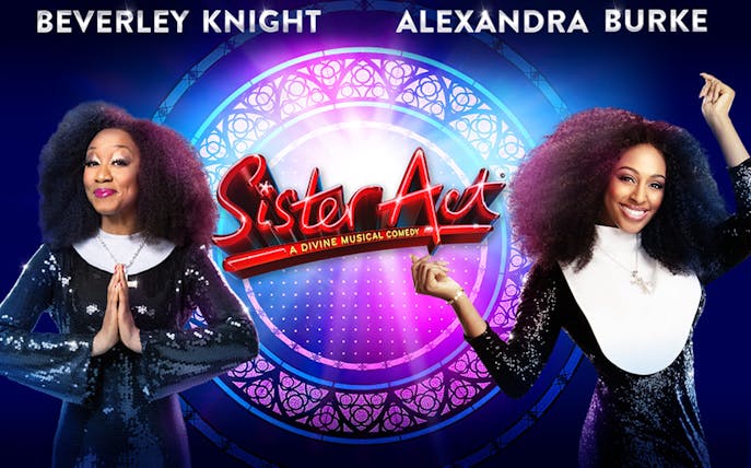 Sister Act musical poster with two performers in nun costumes.