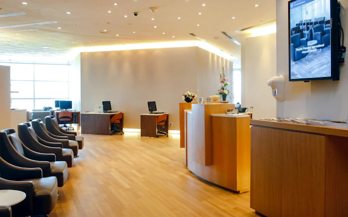 Plaza Premium Lounge seating area and reception, Terminal 3, Toronto Pearson Airport.