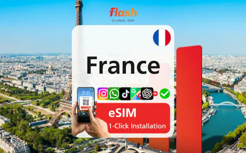 France Unlimited Data eSIM with Eiffel Tower in Paris background, 1-click installation.