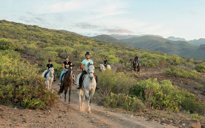 Horseback riders on a volcanic trail in Gran Canaria's lush landscape.