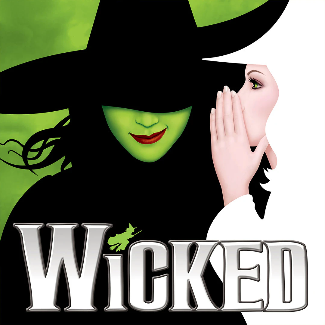 Locandina del musical “Wicked” con una strega dal volto verde e una figura che sussurra.