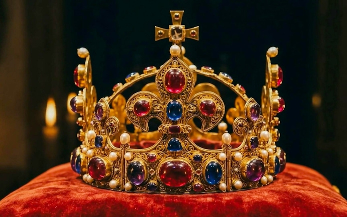 Prague Castle crown with jewels on display during AR tour experience.