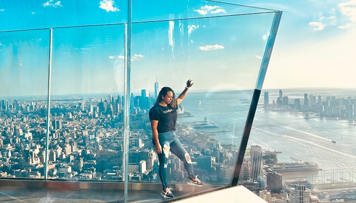 Edge Observation Deck view of New York City skyline with Hudson River in the background.