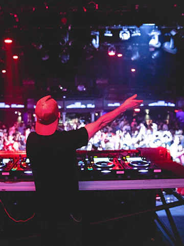 DJ performing at nightclub, view from behind with crowd and lights.