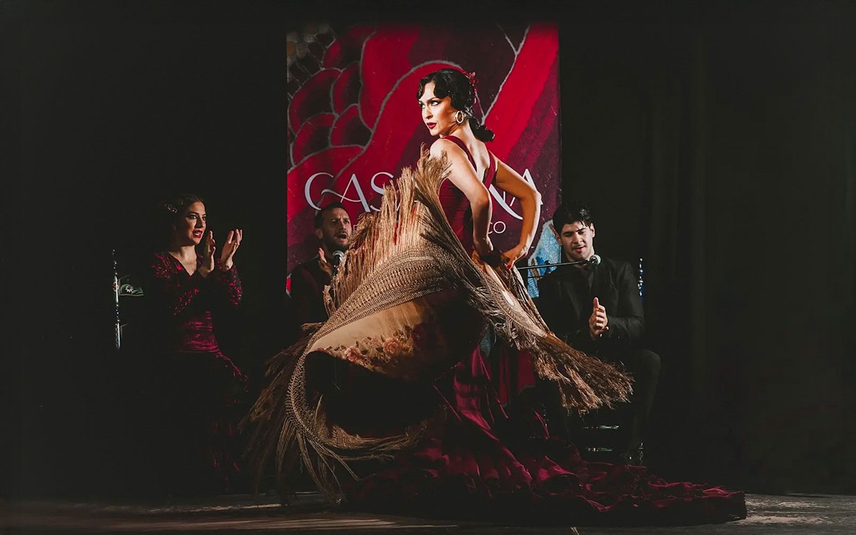 Flamenco dancer performing at Casa Ana Flamenco Show with musicians in the background.