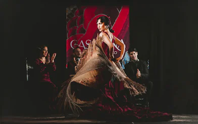 Flamenco dancer performing at Casa Ana Flamenco Show with musicians in the background.