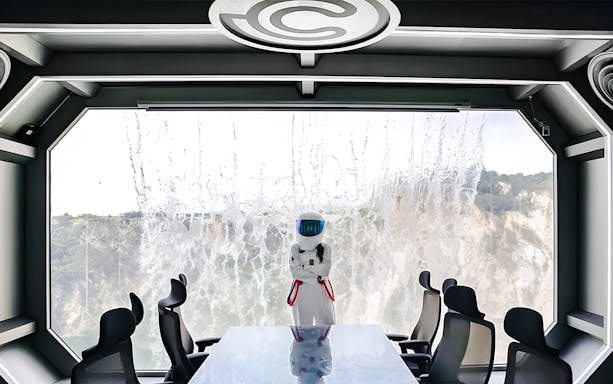Astronaut figure in futuristic room at LOF LAND with large window view.