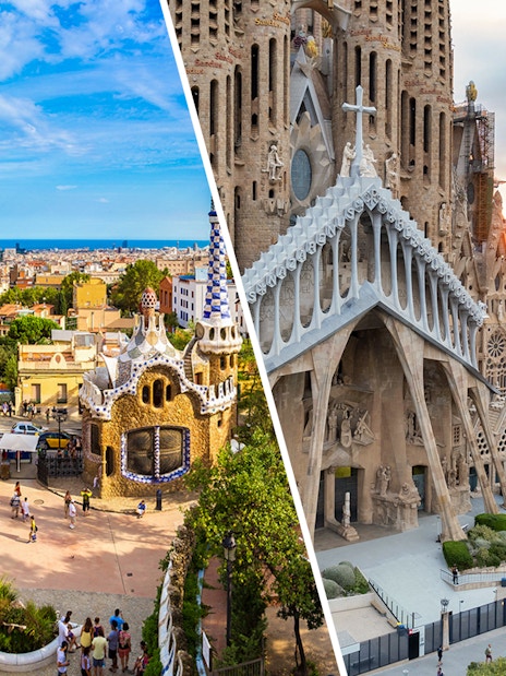 Park Guell entrance and Sagrada Familia facade in Barcelona, Spain.