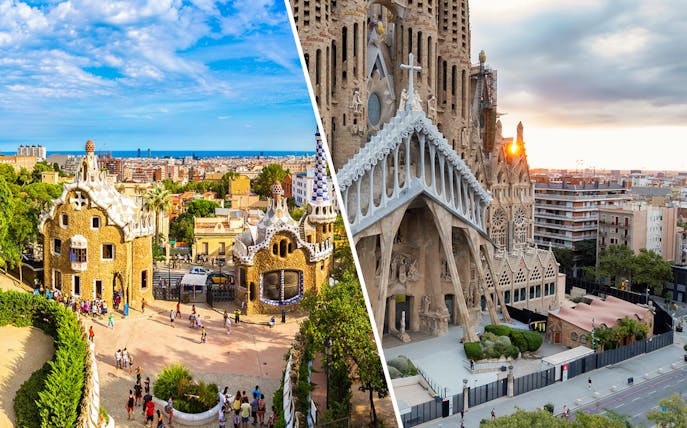 Park Guell entrance and Sagrada Familia facade in Barcelona, Spain.