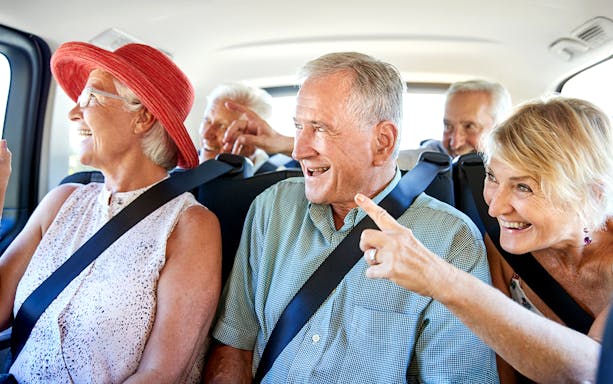 Guests enjoying scenic views during transfer from Prague to Český Krumlov via Hluboká.
