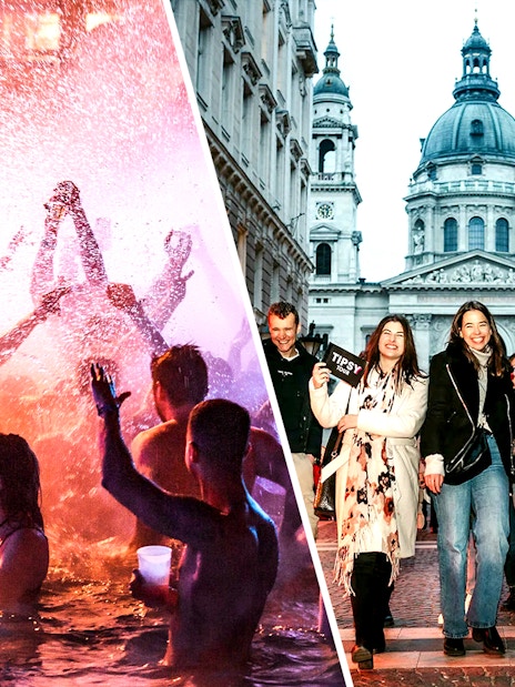 People enjoying a vibrant pool party and a group walking near St. Stephen's Basilica, Budapest.
