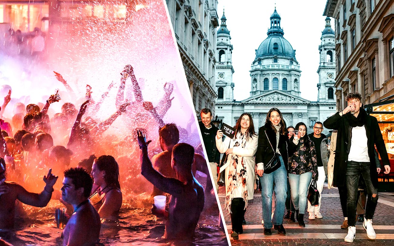 People enjoying a vibrant pool party and a group walking near St. Stephen's Basilica, Budapest.