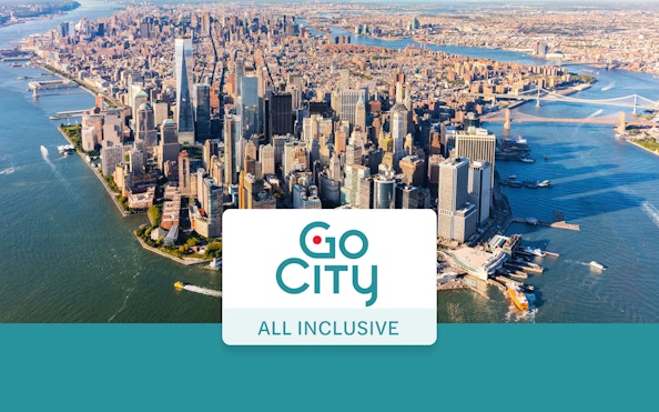 Aerial view of Manhattan skyline with Go City New York Pass logo.