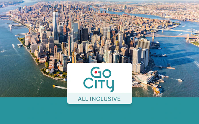 Aerial view of Manhattan skyline with Go City New York Pass logo.