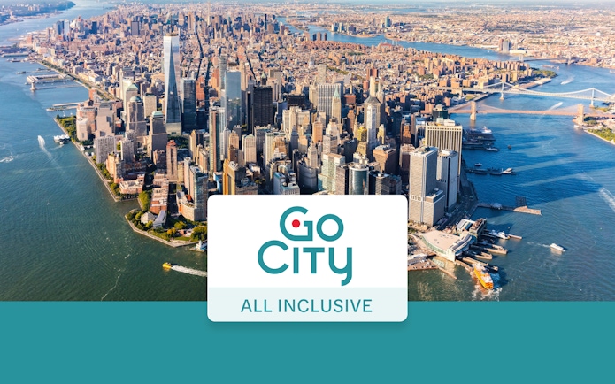 Aerial view of Manhattan skyline with Go City New York Pass logo.