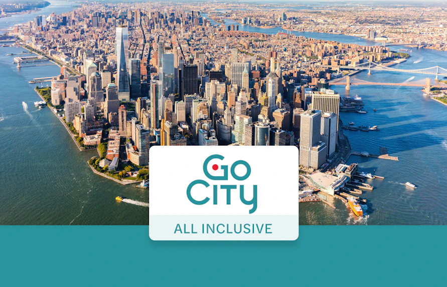 Aerial view of Manhattan skyline with Go City New York Pass logo.