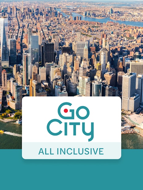 Aerial view of Manhattan skyline with Go City New York Pass logo.