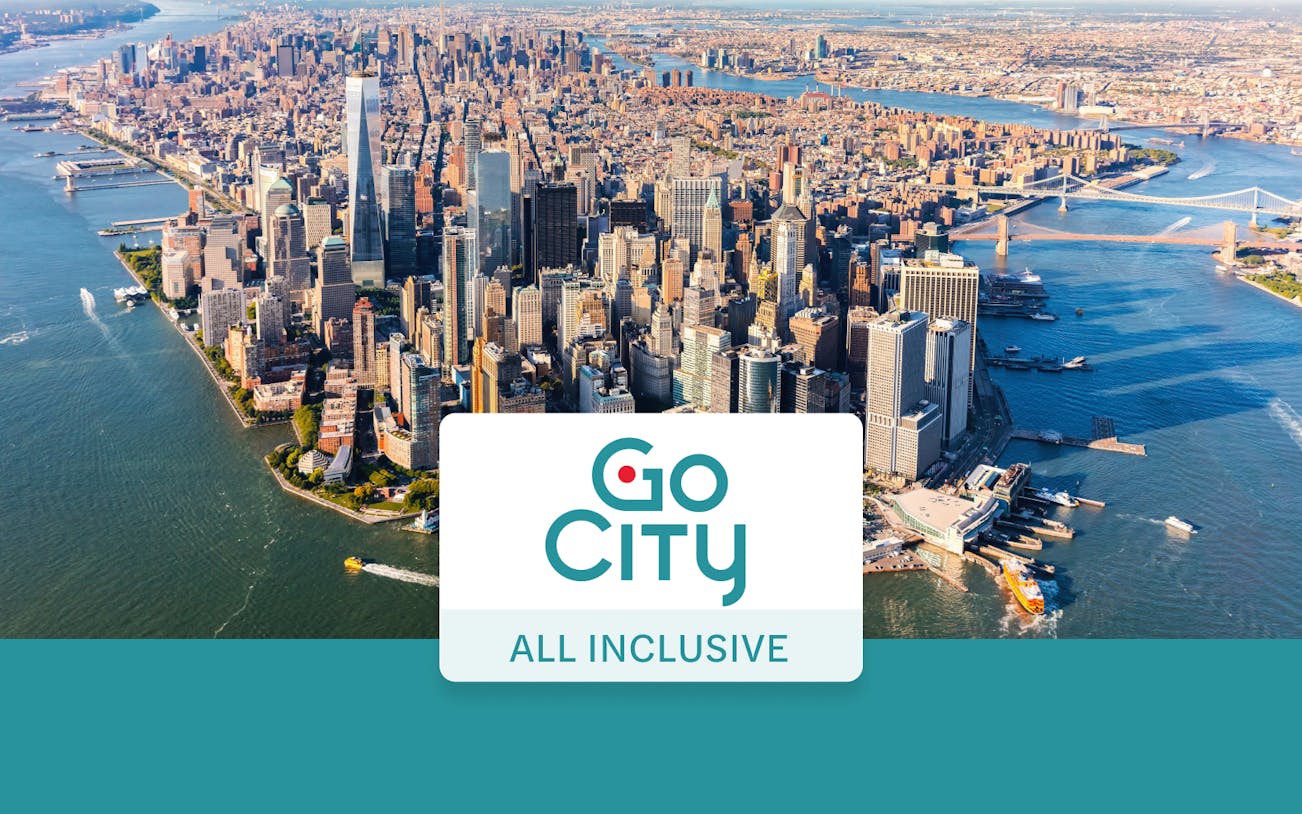 Aerial view of Manhattan skyline with Go City New York Pass logo.