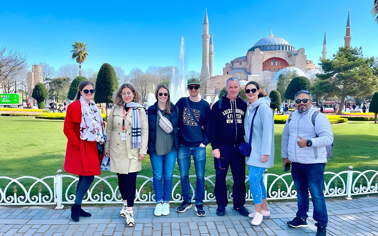 Group of tourists in front of Hagia Sophia during Istanbul Mosques Walking Tour.