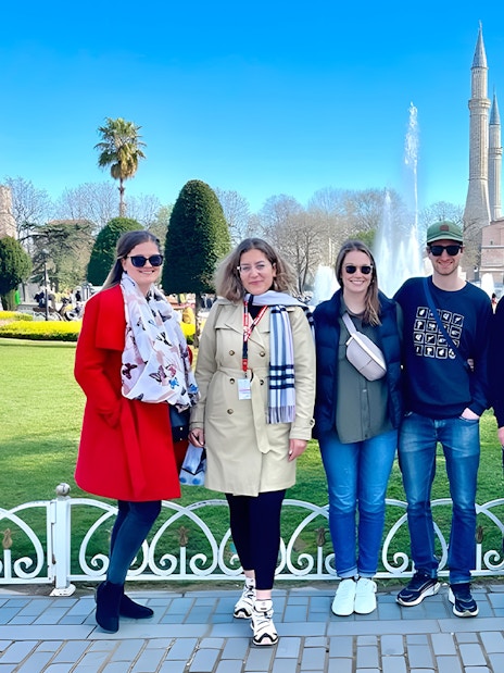 Group of tourists in front of Hagia Sophia during Istanbul Mosques Walking Tour.