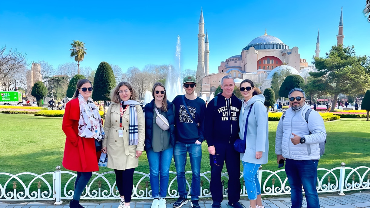 Group of tourists in front of Hagia Sophia during Istanbul Mosques Walking Tour.