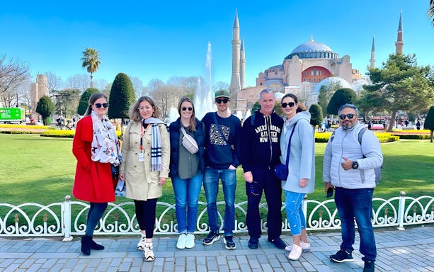 Group of tourists in front of Hagia Sophia during Istanbul Mosques Walking Tour.