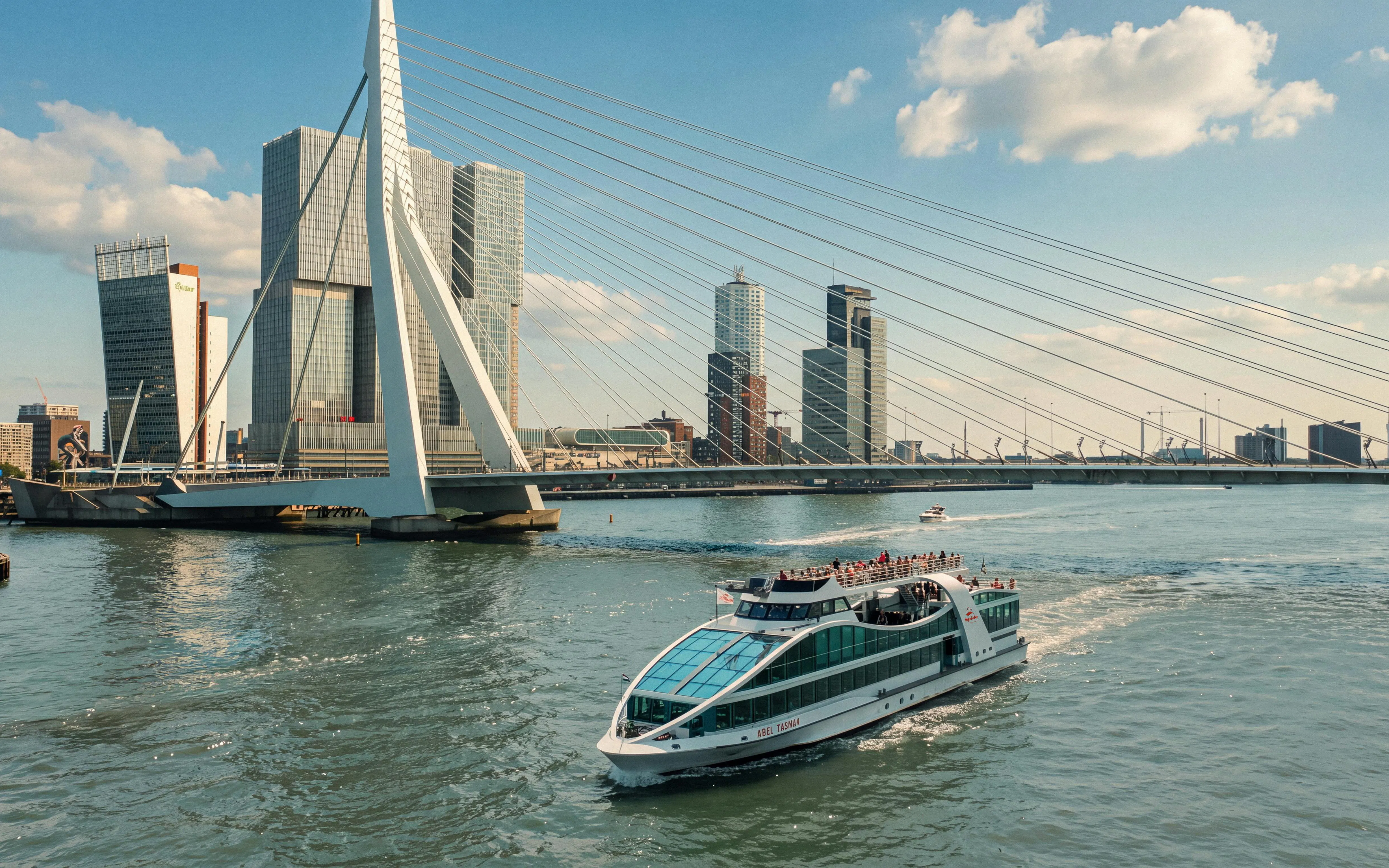 Luxury cruise boat on Rotterdam's Maas River near Erasmus Bridge.