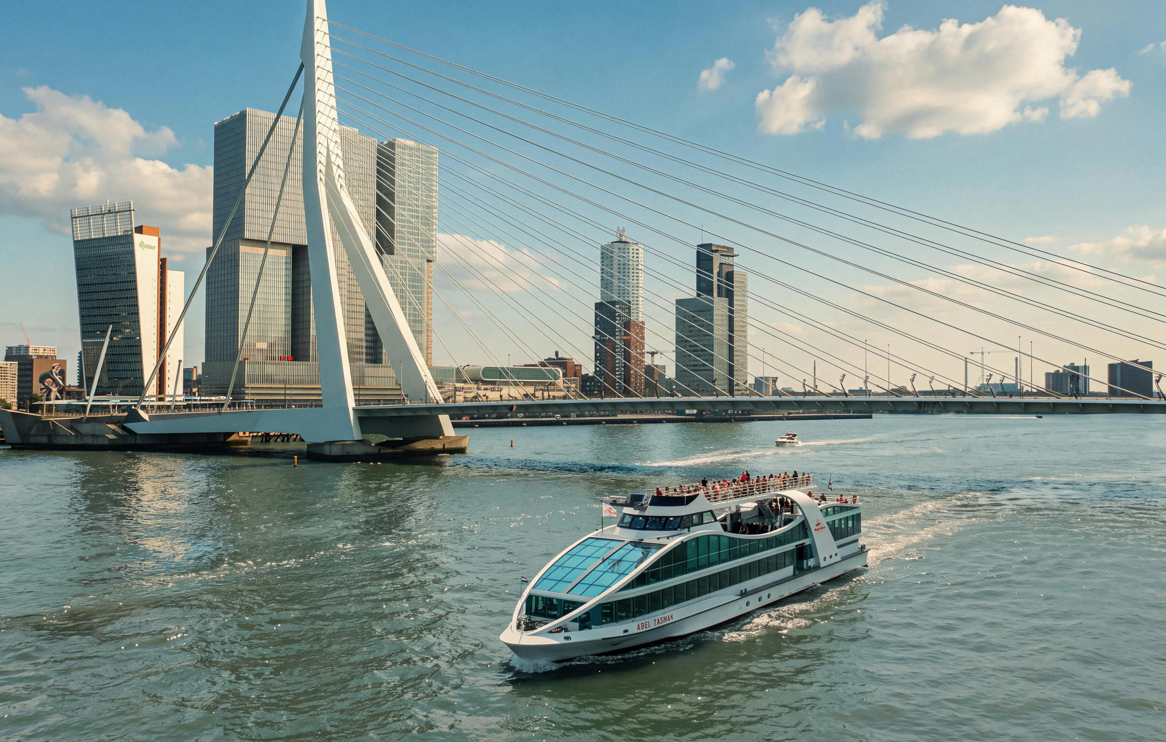 Luxury cruise boat on Rotterdam's Maas River near Erasmus Bridge.
