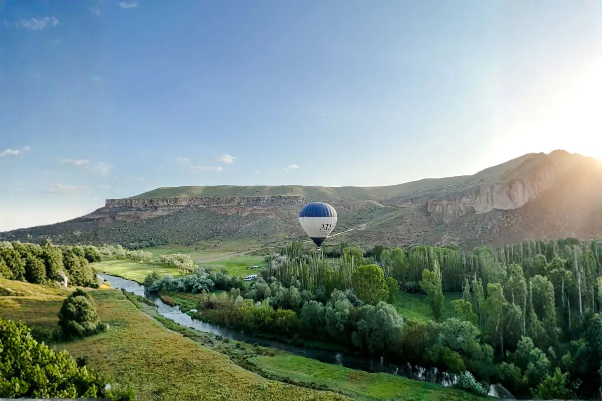 Hot air balloon over Ihlara Canyon at sunrise, Cappadocia.