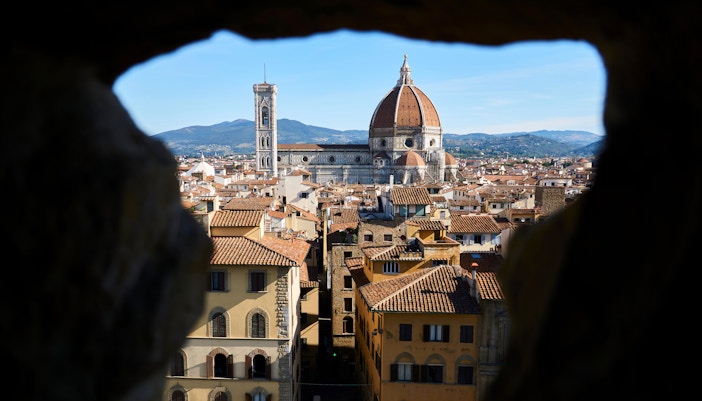 Florence Cathedral dome view from Palazzo Vecchio Tower, Italy.