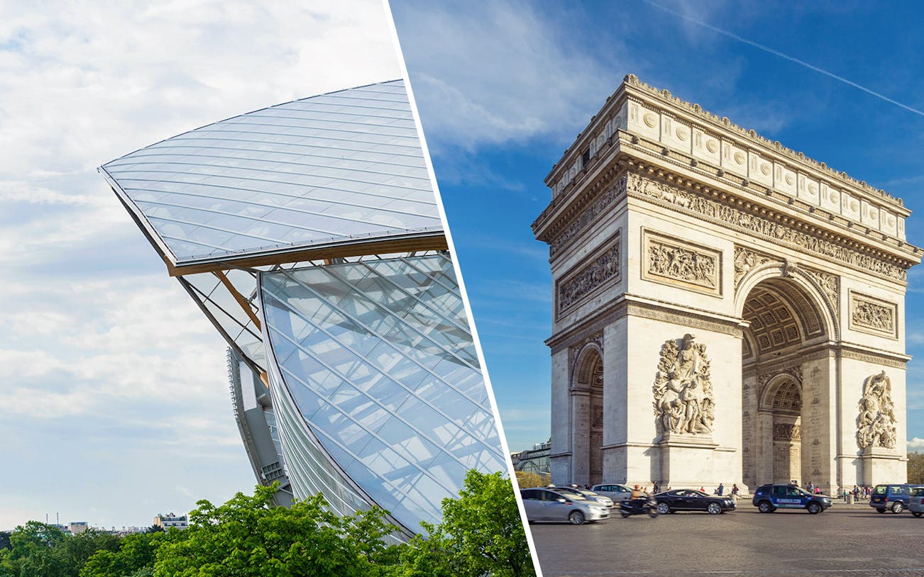 Fondation Louis Vuitton's glass architecture and Arc de Triomphe in Paris.