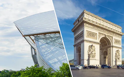 Fondation Louis Vuitton's glass architecture and Arc de Triomphe in Paris.