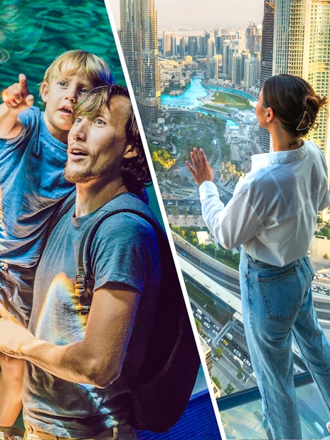Father and child at Dubai Aquarium, woman viewing cityscape from Sky Views Observatory.