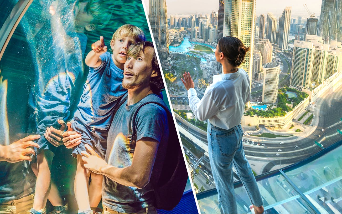 Father and child at Dubai Aquarium, woman viewing cityscape from Sky Views Observatory.