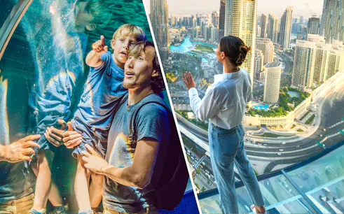 Father and child at Dubai Aquarium, woman viewing cityscape from Sky Views Observatory.